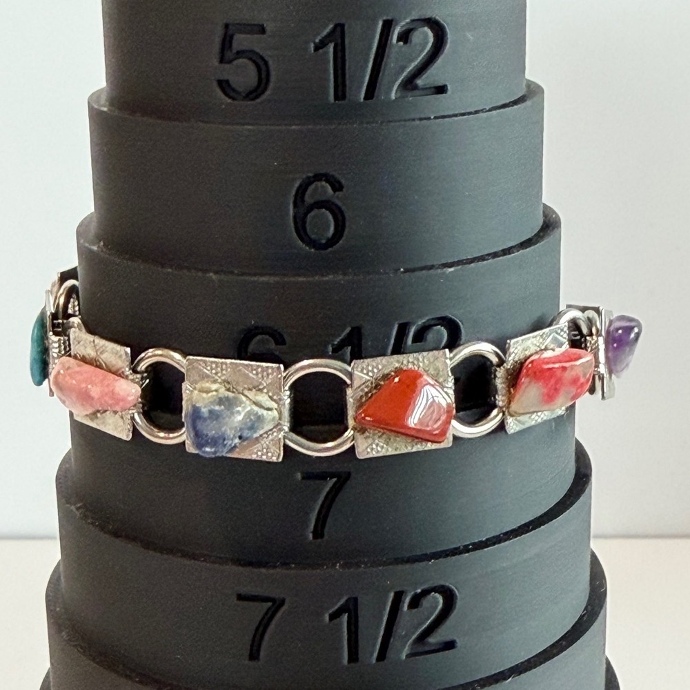 Vintage Style Mixed Stone Cabochon Bracelet Silver Tone Multicolor Statement